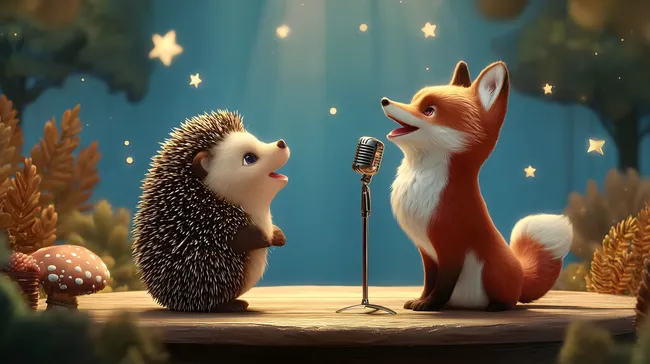 Niedliche Tiere singen gemeinsam auf Waldlichtung