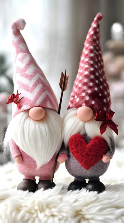 Niedliche Valentinstag-Dekoration mit Wichteln und Herzen