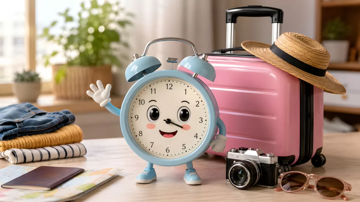 Niedliche Wecker-Figur mit Reiseutensilien auf Tisch