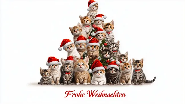 Niedliche Weihnachtskatzen in Mütze und Dekoration