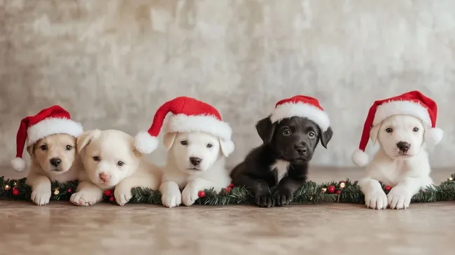 Niedliche Weihnachtswelpen in Nikolausmützen