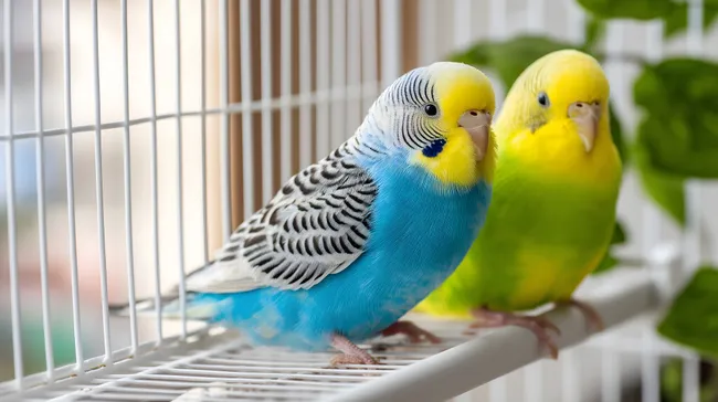 Niedliche Wellensittiche in weißem Käfig