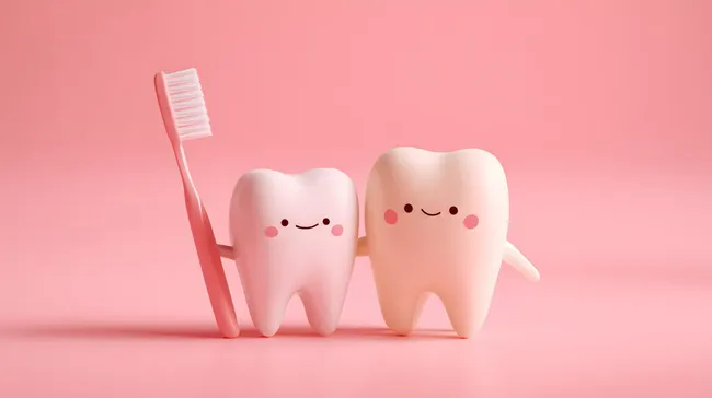 Niedliche Zahn-Figuren mit Zahnbürste auf rosa Hintergrund