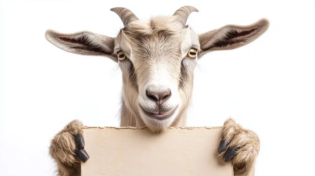 Niedliche Ziege mit Schild auf weißem Hintergrund