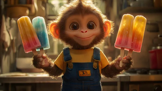 Niedlicher Affe mit bunten Eis am Stiel