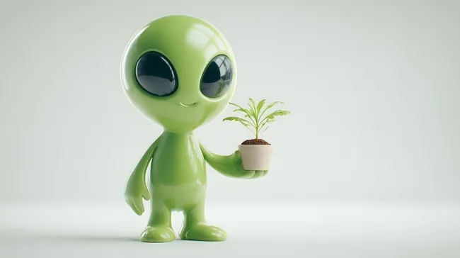 Niedlicher Alien-Charakter mit Pflanze in Blumentopf