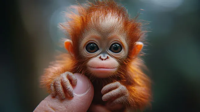 Niedlicher Baby-Orang-Utan auf dem Daumen