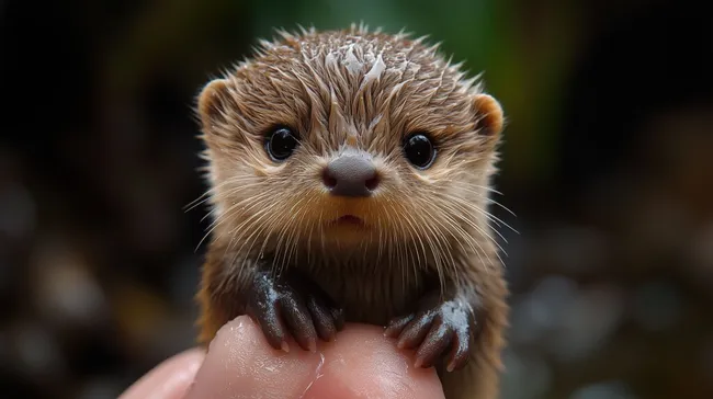 Niedlicher Baby-Otter auf einem Finger sitzend