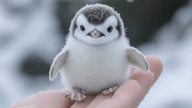 Niedlicher Baby-Pinguin auf menschlicher Hand