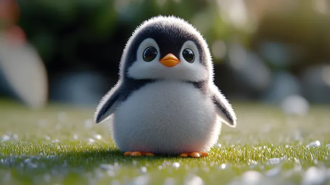 Niedlicher Babypinguin auf grüner Wiese