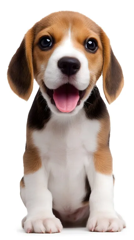 Niedlicher Beagle-Welpe lachend auf weißem Hintergrund