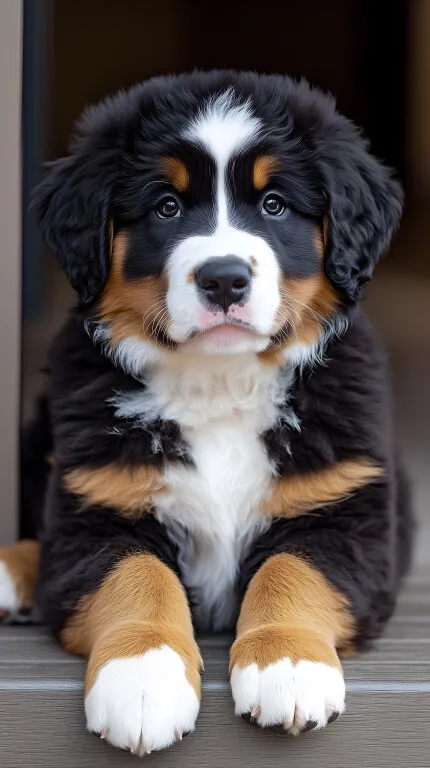 Niedlicher Bernhardiner-Welpe auf Holzterrasse
