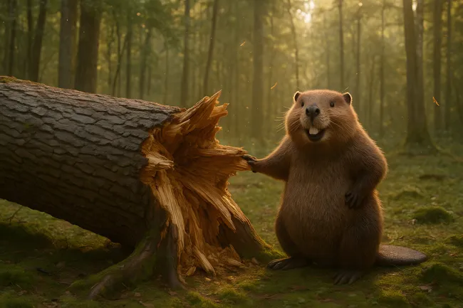 Niedlicher Biber beim Bauen in sonnigem Waldstück
