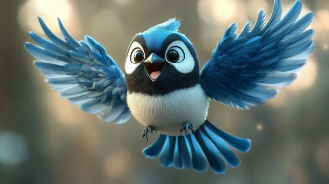 Niedlicher blauer Cartoon-Vogel mit ausgebreiteten Flügeln