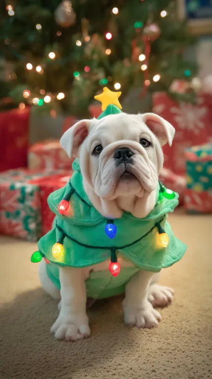 Niedlicher Bulldoggen-Welpe im Weihnachtskostüm