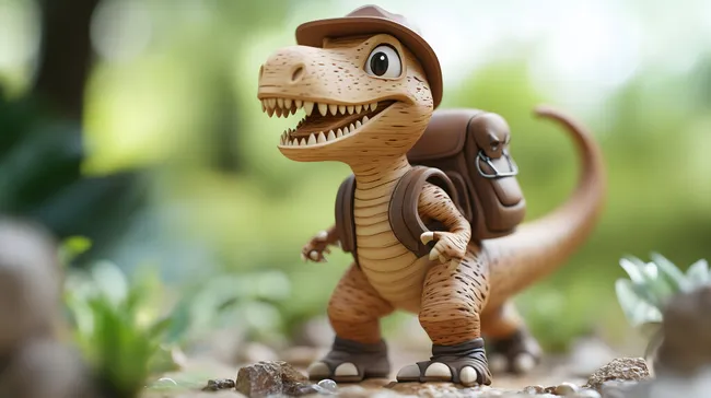 Niedlicher Cartoon-Dinosaurier mit Rucksack im Dschungel