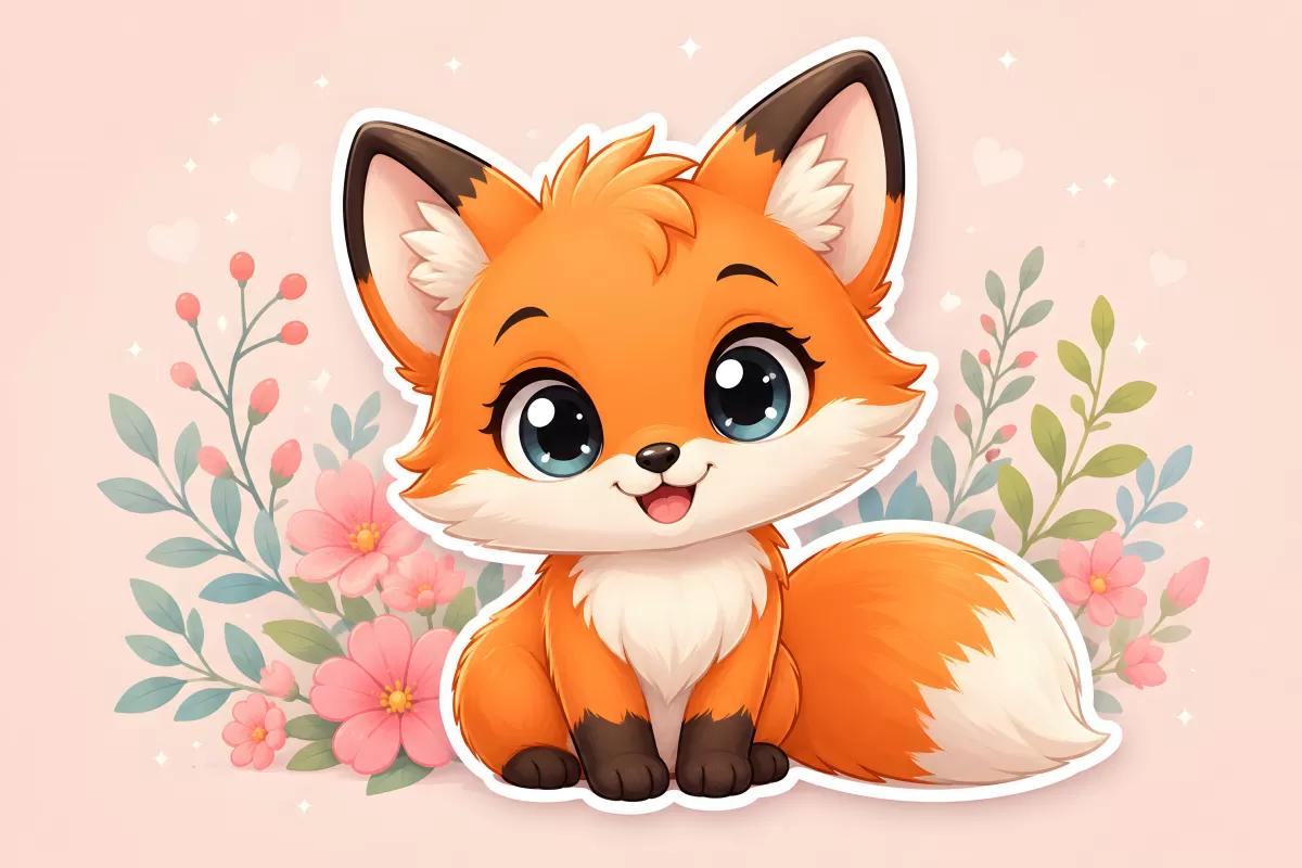 Niedlicher Cartoon-Fuchs mit Blumen auf rosa Hintergrund
