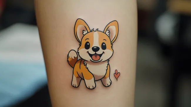 Niedlicher Cartoon-Hund mit Herz-Tattoo auf Arm