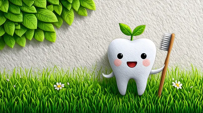 Niedlicher Cartoon-Zahn mit Zahnbürste auf Gras