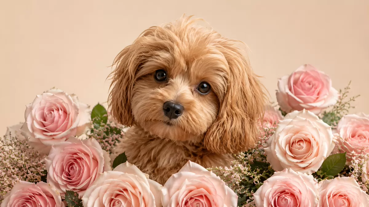 Niedlicher Cavapoo-Welpe zwischen zarten Rosen