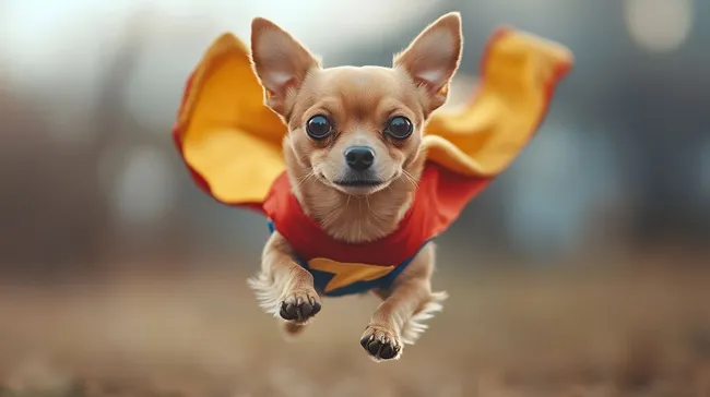 Niedlicher Chihuahua in Superhelden-Outfit im Flug