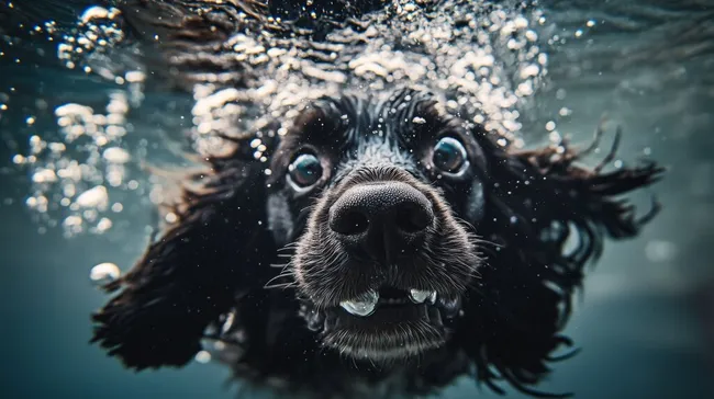 Niedlicher Cocker Spaniel taucht im klaren Wasser auf