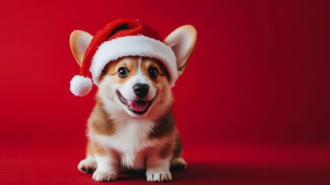 Niedlicher Corgi-Welpe in Weihnachtsmütze vor rotem Hintergrund