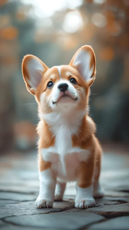 Niedlicher Corgi-Welpe mit großen Ohren im Freien