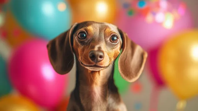 Niedlicher Dackel in Geburtstagsfeier-Szenerie