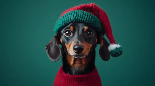 Niedlicher Dackel in Weihnachtsmütze vor grünem Hintergrund