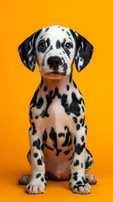 Niedlicher Dalmatiner-Welpe auf orangefarbenem Hintergrund