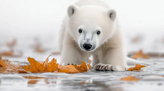 Niedlicher Eisbär-Baby in winterlicher Szene