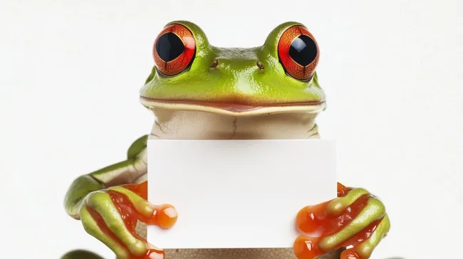 Niedlicher Frosch mit Infotafel auf Weißem Hintergrund
