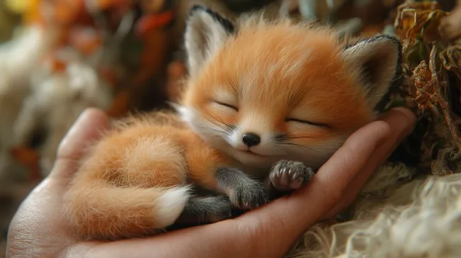 Niedlicher Fuchswelpe kuschelt in Menschenhand