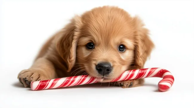 Niedlicher Golden Retriever Welpe mit Zuckerstange