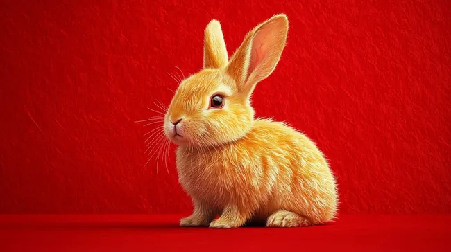 Niedlicher goldener Hase auf leuchtendem Rot