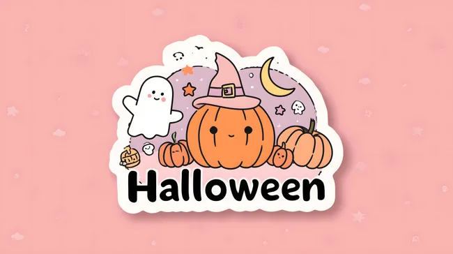 Niedlicher Halloween-Aufkleber mit Kürbis, Geist und Hexenhut