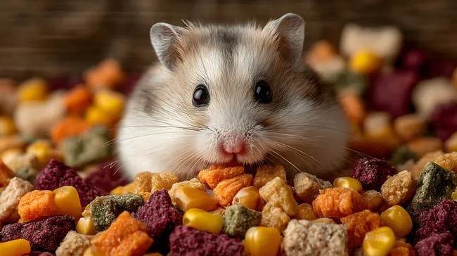 Niedlicher Hamster entdeckt buntes Trockenfutter