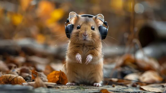 Niedlicher Hamster mit Kopfhörern in herbstlicher Umgebung