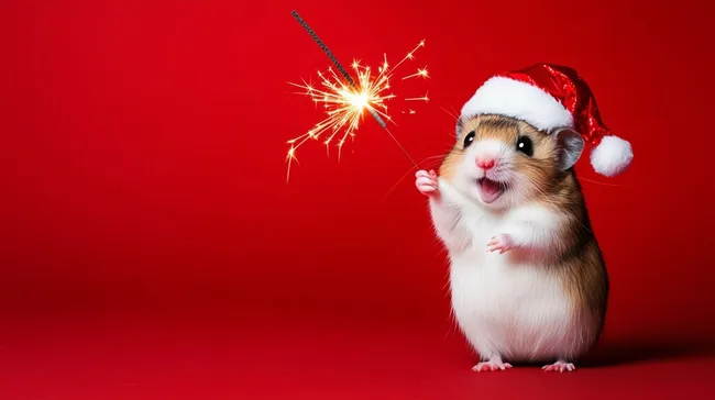 Niedlicher Hamster mit Weihnachtsmütze und Wunderkerze