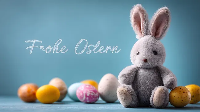 Niedlicher Hase mit bunten Ostereiern