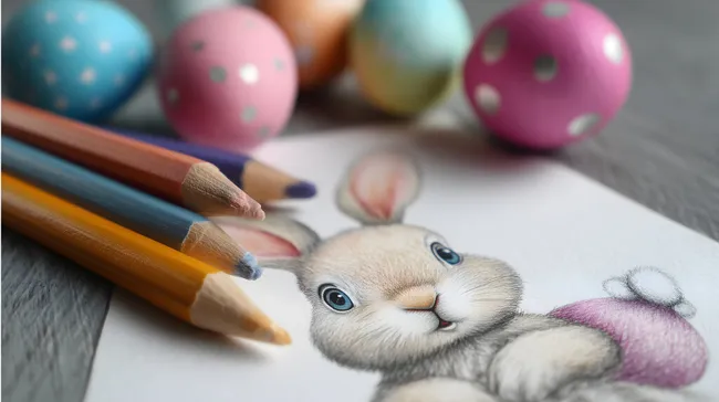 Niedlicher Hase mit Buntstiften auf Holzoberfläche