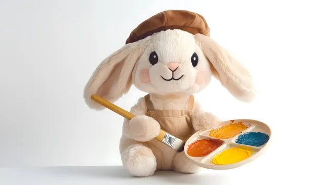 Niedlicher Hase mit Malkasten und Pinsel