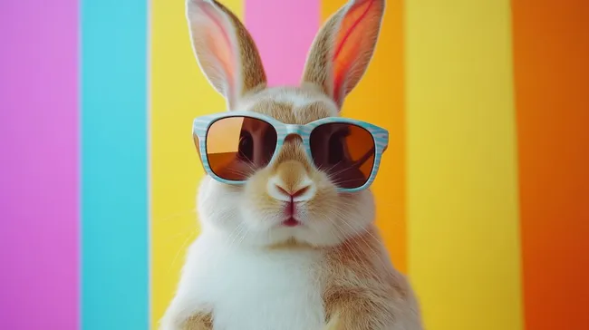 Niedlicher Hase mit Sonnenbrille auf buntem Hintergrund