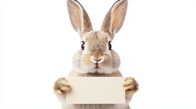 Niedlicher Hase mit Werbeschild auf weißem Hintergrund