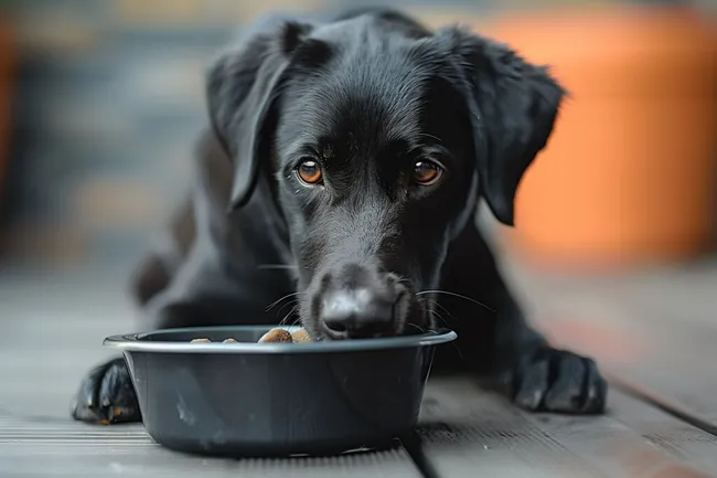 Niedlicher Hund beim Futter fressen