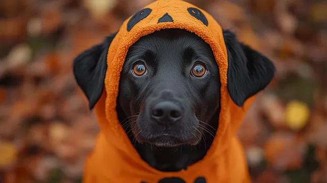 Niedlicher Hund im Halloween-Kostüm mit Kürbismuster