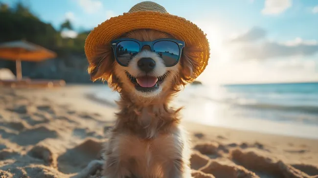 Niedlicher Hund im Sommerurlaub am Strand