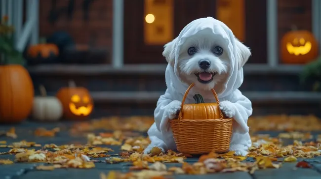 Niedlicher Hund in Geisterkostüm mit Kürbiskorb zu Halloween