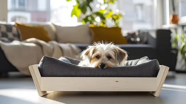 Niedlicher Hund kuschelt in gemütlichem Holzkorb